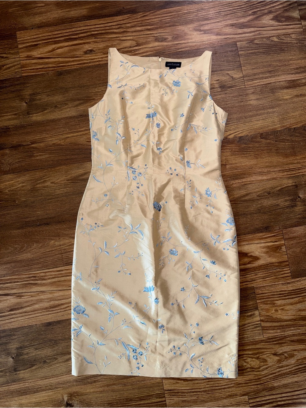 Ann Taylor Cream Midi Silk Dress with Light Blue Floral Embroidery